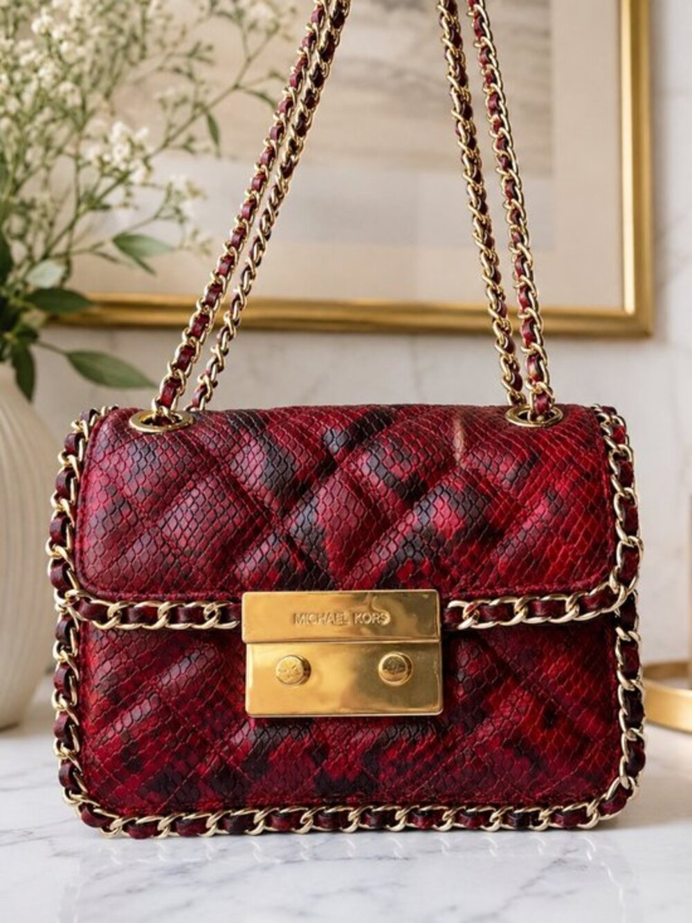 Michael Kors Carine Medium Red Snake Embossed Leather Shoulder Bag NWT